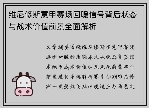 维尼修斯意甲赛场回暖信号背后状态与战术价值前景全面解析